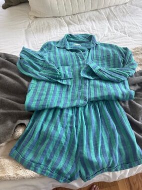 Z Supply Blue and Green Striped Button-Up Shirt w/ Matching shorts .